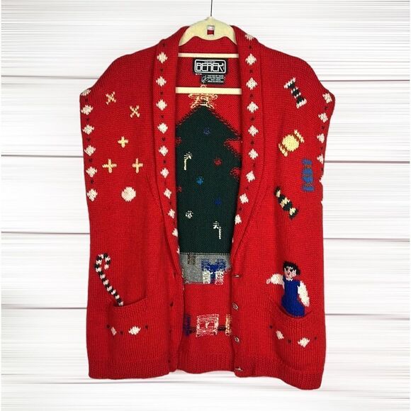 BEREK Vintage Hand Knit in Uruguay Christmas Holiday Red Wool Button Down Vest - Picture 4 of 15